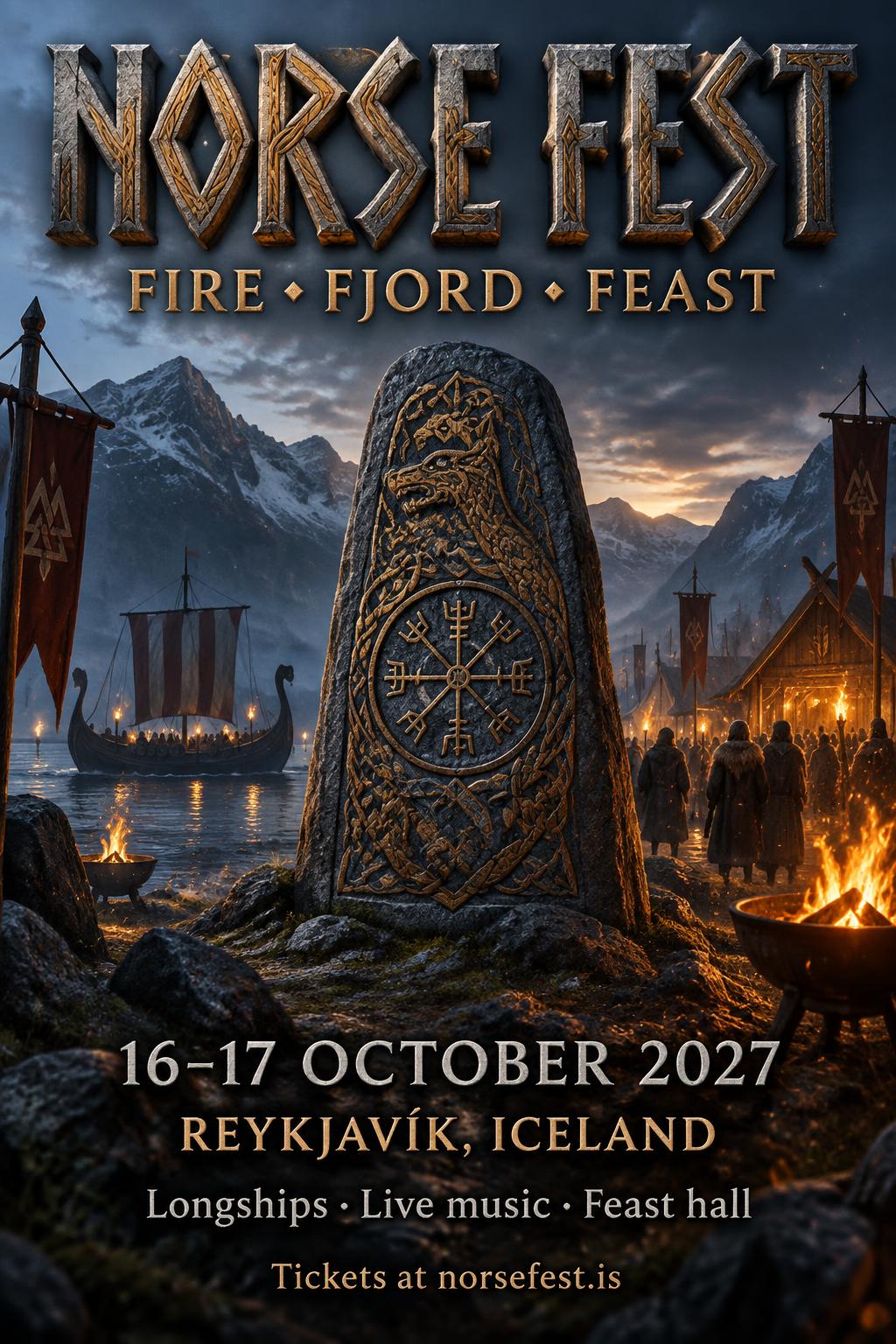 "NORSE FEST
FIRE • FJORD • FEAST
16–17 OCTOBER 2027
REYKJAVÍK, ICELAND
Longships · Live music · Feast hall
Tickets at norsefest.is" — Viking | AI Text Effect Generator