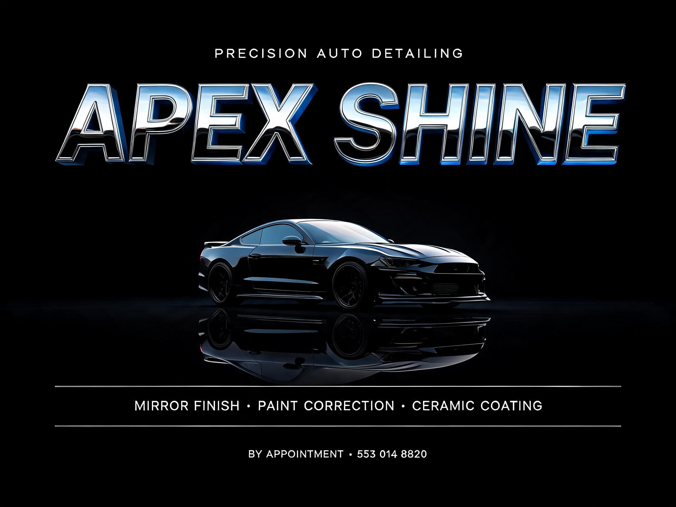 APEX SHINE
PRECISION AUTO DETAILING
MIRROR FINISH · PAINT CORRECTION · CERAMIC COATING
BY APPOINTMENT · 555 014 8820