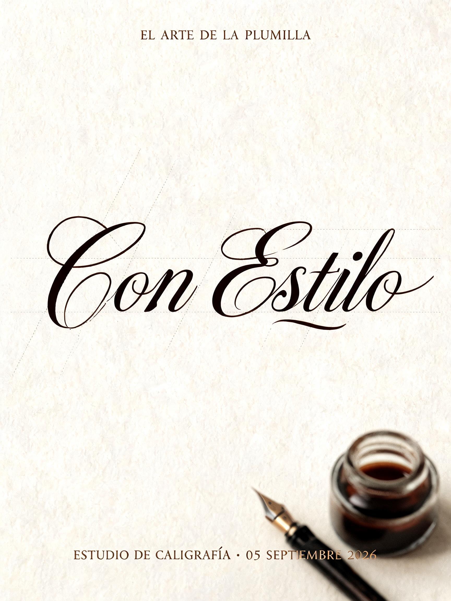 "Con Estilo
EL ARTE DE LA PLUMILLA
ESTUDIO DE CALIGRAFÍA · 05 SEPTIEMBRE 2026" — Cursive Calligraphy | AI Text Effect Generator