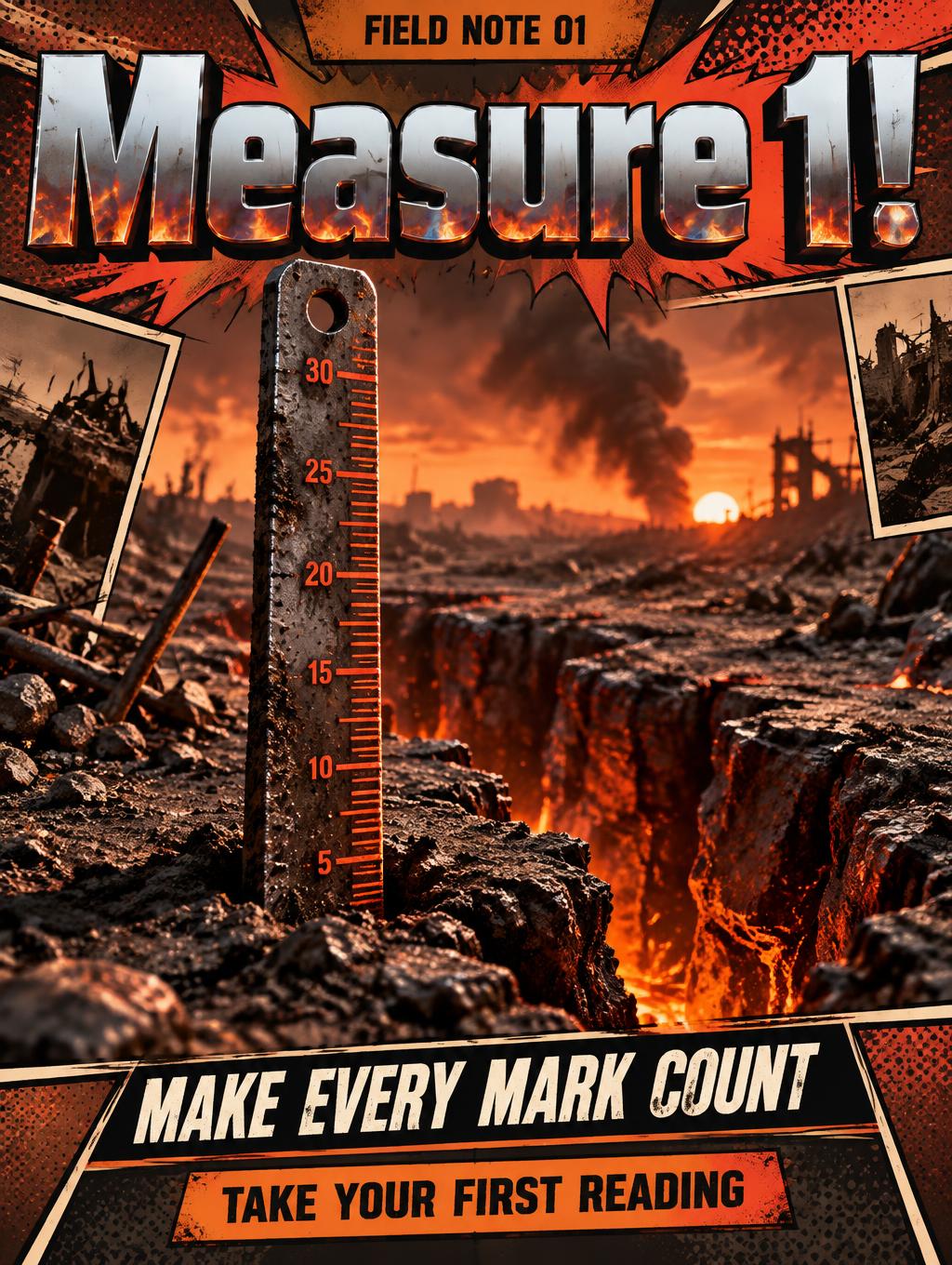 "Measure 1!
MAKE EVERY MARK COUNT
TAKE YOUR FIRST READING
FIELD NOTE 01" — Post Apocalyptic text effect