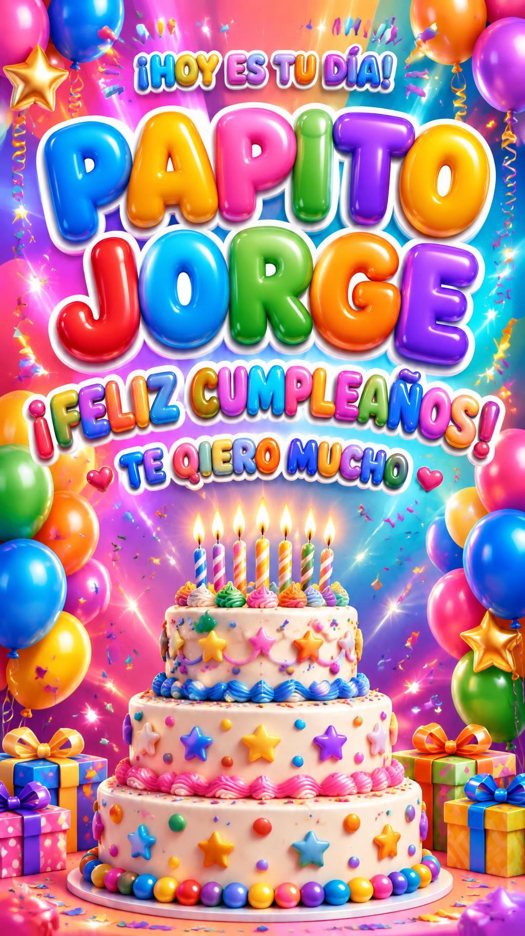 "PAPITO JORGE
¡FELIZ CUMPLEAÑOS!
¡HOY ES TU DÍA!
TE QIERO MUCHO" — Birthday | AI Text Effect Generator