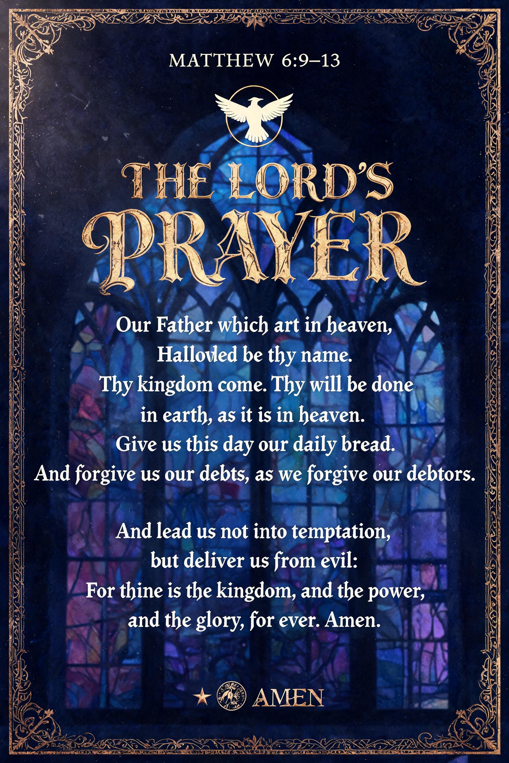 "THE LORD’S PRAYER
MATTHEW 6:9–13
Our Father which art in heaven,
Hallowed be thy name.
Thy kingdom come. Thy will be done
in earth, as it is in heaven.
Give us this day our daily bread.
And forgive us our debts, as we forgive our debtors.
And lead us not into temptation,
but deliver us from evil:
For thine is the kingdom, and the power,
and the glory, for ever. Amen.
AMEN" — Gothic | AI Text Effect Generator