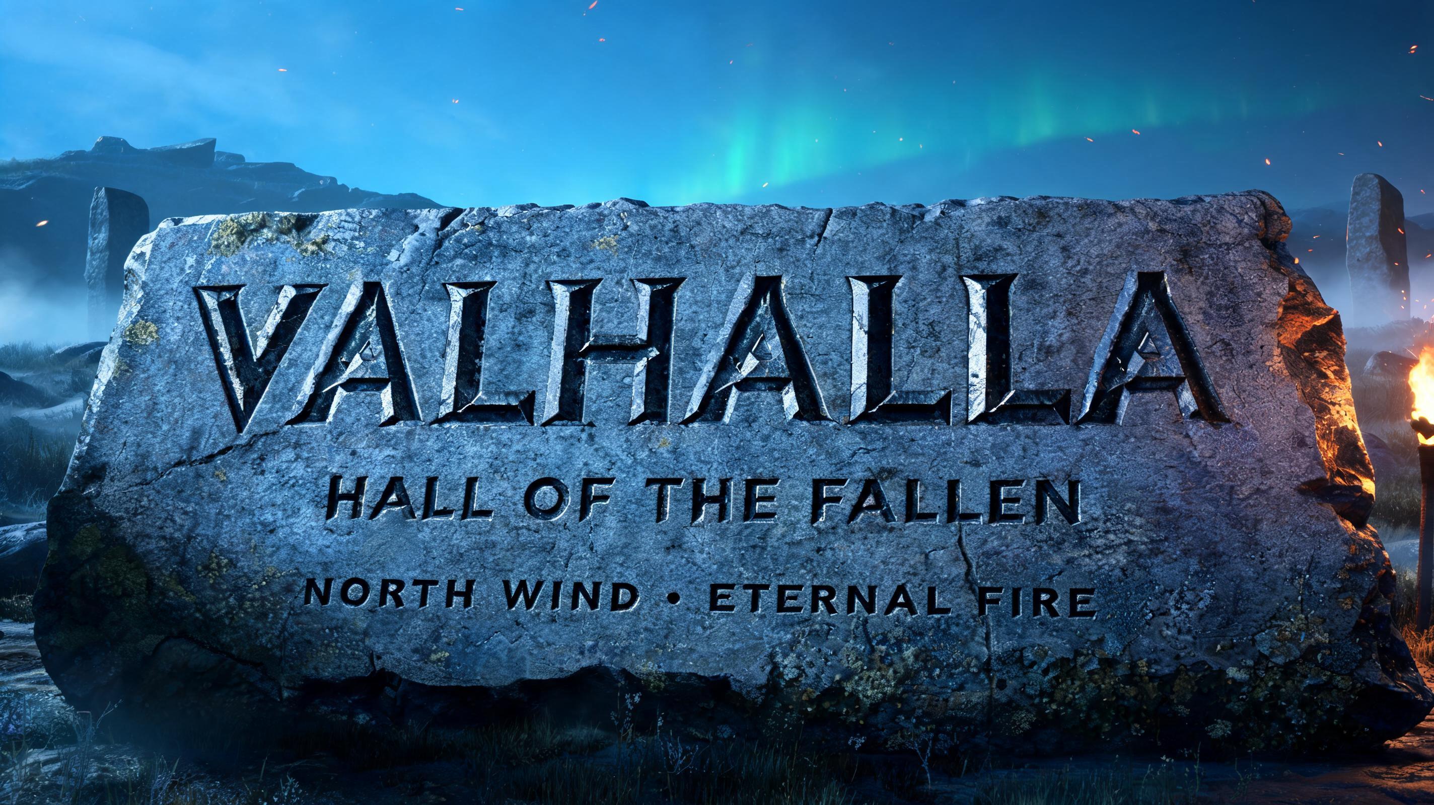 "VALHALLA
HALL OF THE FALLEN
NORTH WIND · ETERNAL FIRE" — Viking | AI Text Effect Generator