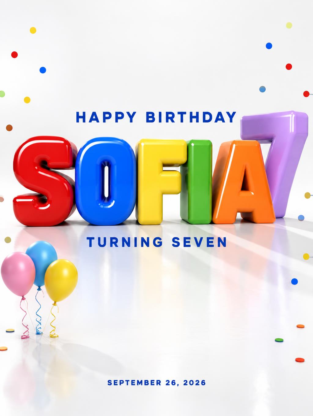 "SOFIA
HAPPY BIRTHDAY
TURNING SEVEN
SEPTEMBER 26, 2026" — 3d Bold | AI Text Effect Generator
