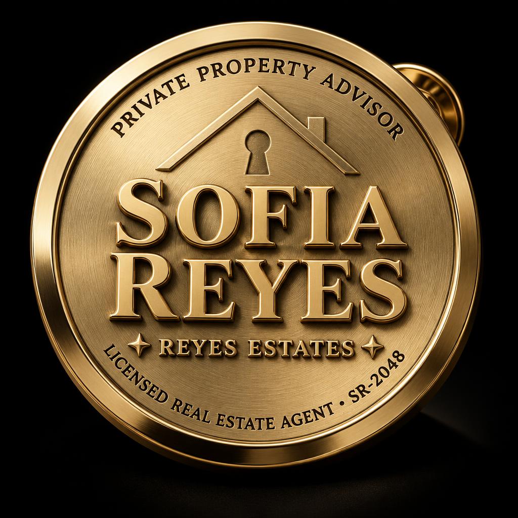"SOFIA REYES
PRIVATE PROPERTY ADVISOR
REYES ESTATES
LICENSED REAL ESTATE AGENT • SR-2048" — 3d bold gold text effect