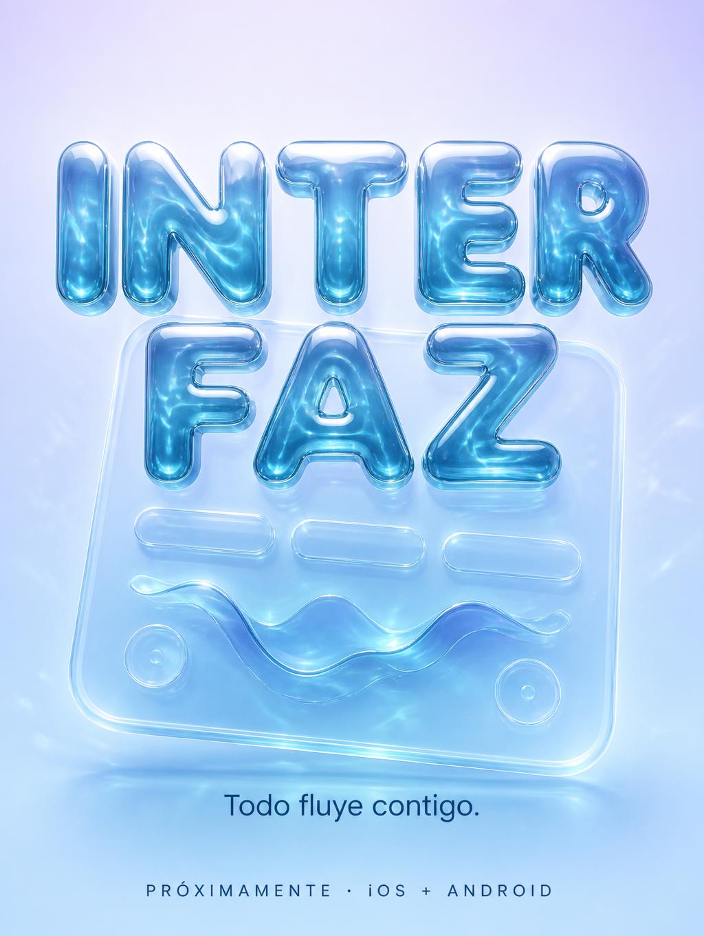"INTERFAZ
Todo fluye contigo.
PRÓXIMAMENTE · iOS + ANDROID" — Glass Liquid | AI Text Effect Generator
