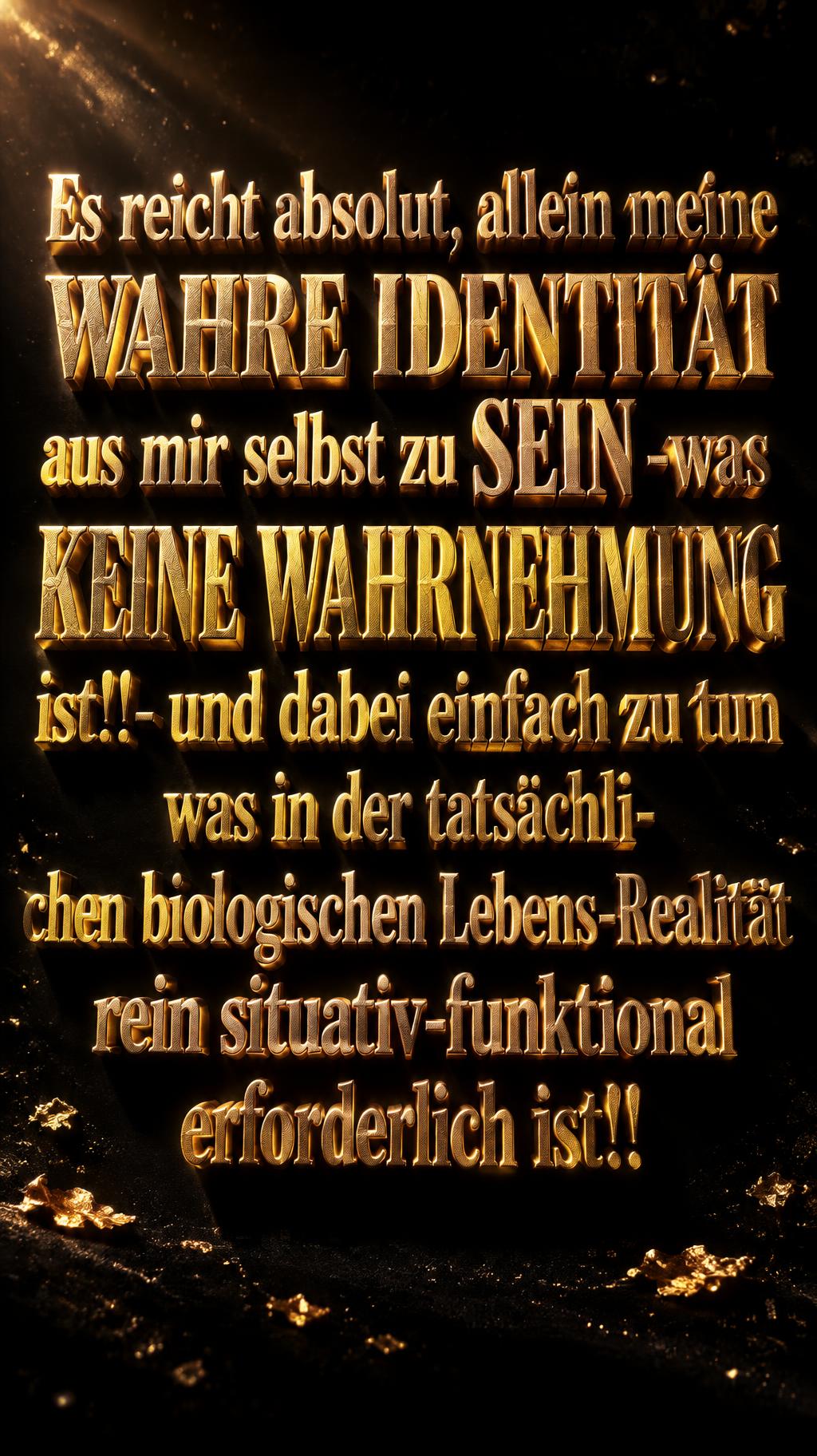 "Es reicht absolut, allein meine WAHRE IDENTITÄT 
aus mir selbst zu SEIN -was KEINE WAHRNEHMUNG 
ist!!- und dabei einfach zu tun was in der tatsächli-
chen biologischen Lebens-Realität rein situativ-
funktional erforderlich ist!!" — Luxury Gold | AI Text Effect Generator