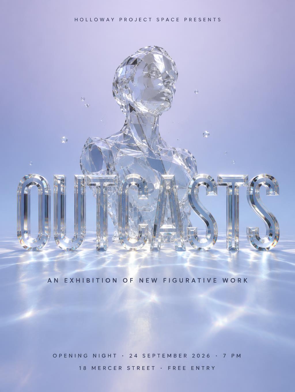 "OUTCASTS
HOLLOWAY PROJECT SPACE PRESENTS
AN EXHIBITION OF NEW FIGURATIVE WORK
OPENING NIGHT · 24 SEPTEMBER 2026 · 7 PM
18 MERCER STREET · FREE ENTRY" — Glass | AI Text Effect Generator
