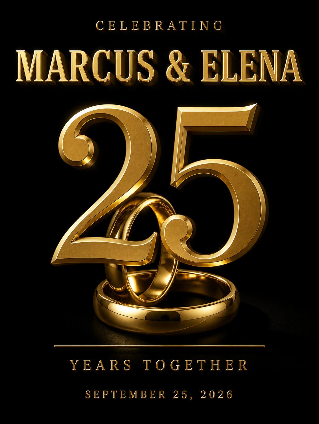 "MARCUS & ELENA
25
CELEBRATING
YEARS TOGETHER
SEPTEMBER 25, 2026" — 3d bold gold text effect