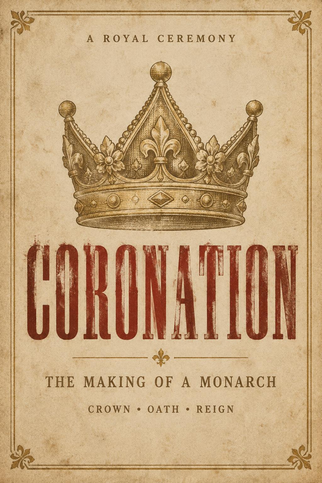 "CORONATION
A ROYAL CEREMONY
THE MAKING OF A MONARCH
CROWN • OATH • REIGN" — Vintage | AI Text Effect Generator