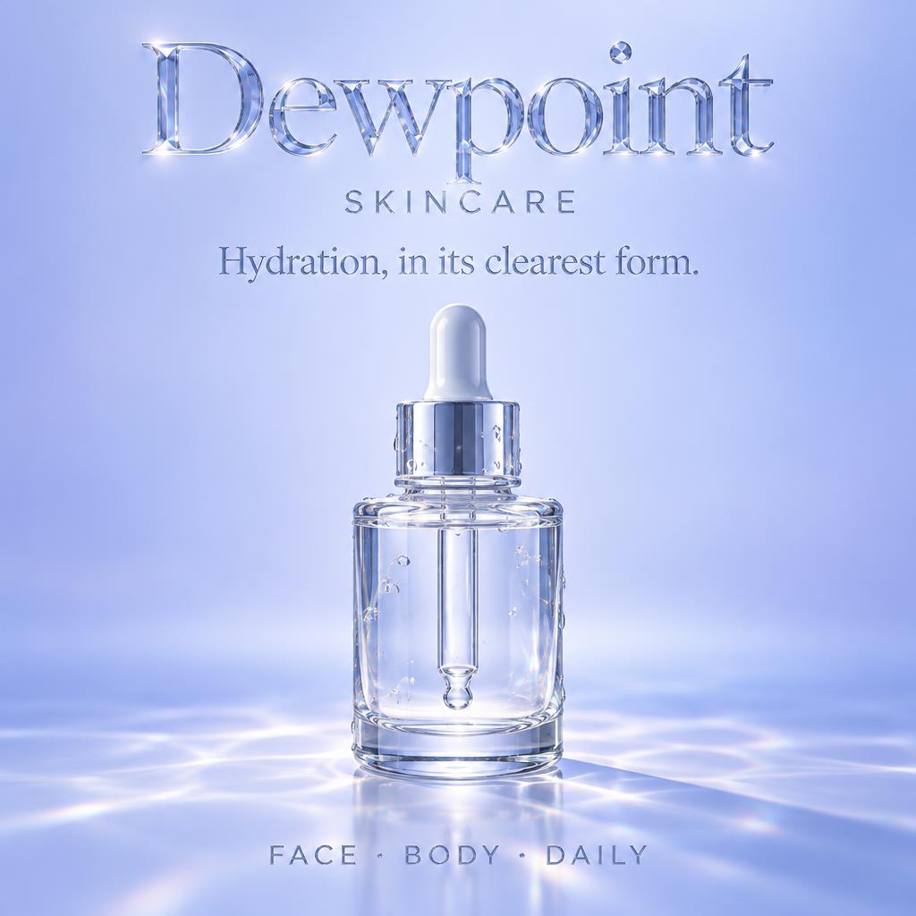 "Dewpoint
SKINCARE
Hydration, in its clearest form.
FACE · BODY · DAILY" — Glass | AI Text Effect Generator