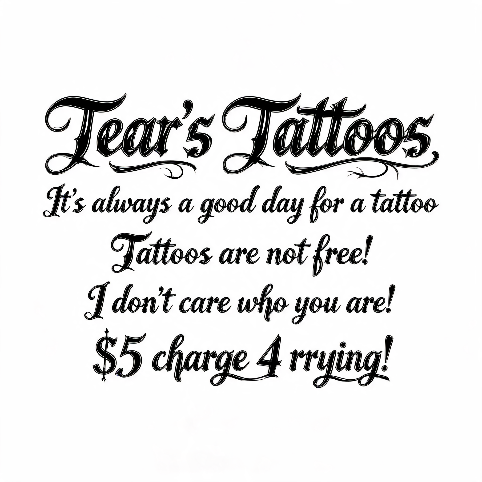 "Tear's Tattoos 
It's always a good day for a tattoo 
Tattoos are not free!
I don't care who you are!
$5 charge 4 crying!" — Chicano | AI Text Effect Generator