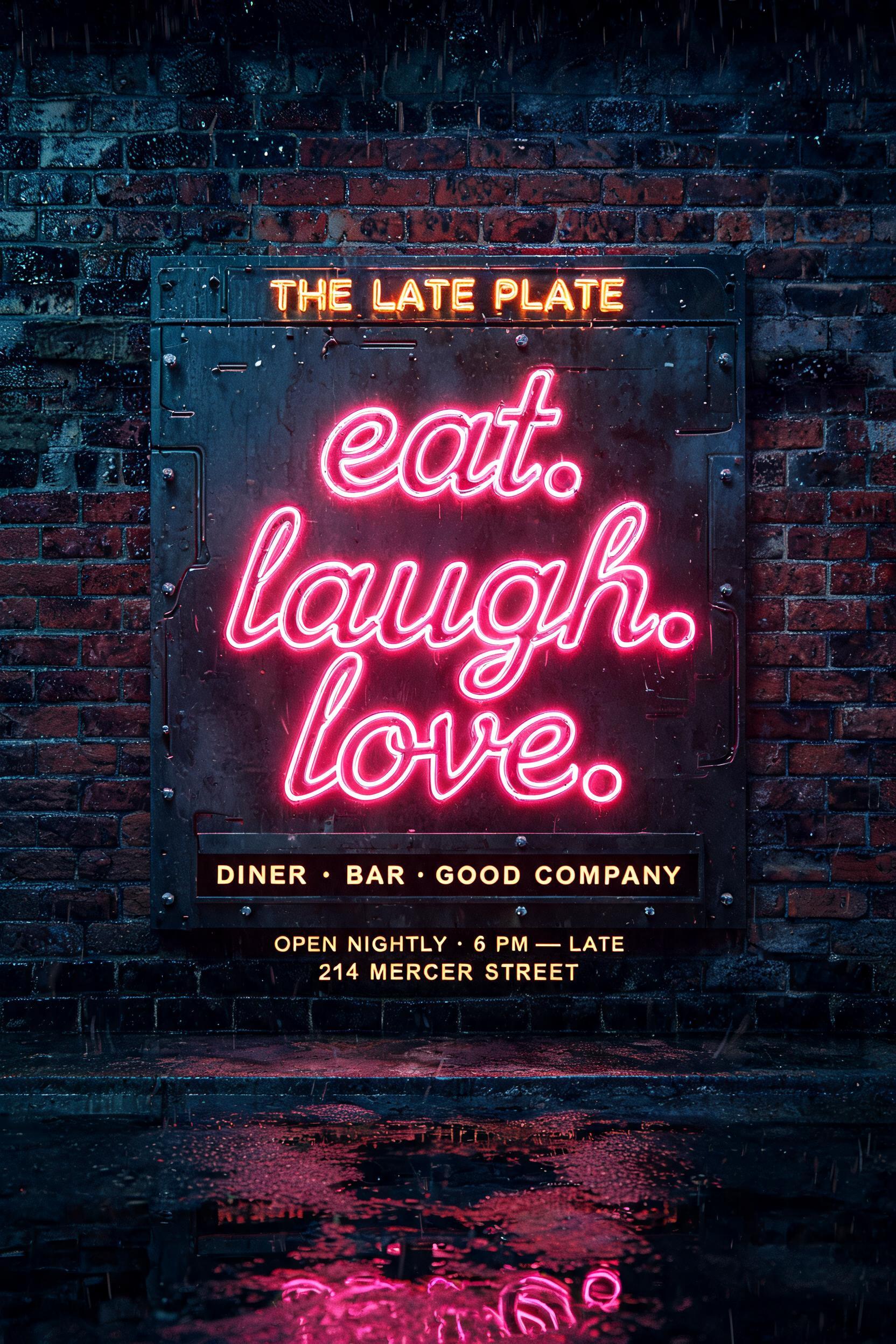 "eat.
laugh.
love.
THE LATE PLATE
DINER · BAR · GOOD COMPANY
OPEN NIGHTLY · 6 PM — LATE
214 MERCER STREET" — Neon Sign text effect