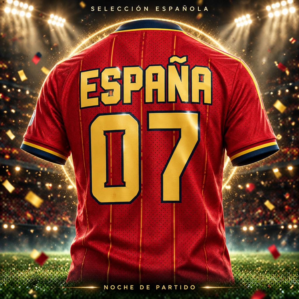 "ESPAÑA
07
SELECCIÓN ESPAÑOLA
NOCHE DE PARTIDO" — Sports Football | AI Text Effect Generator
