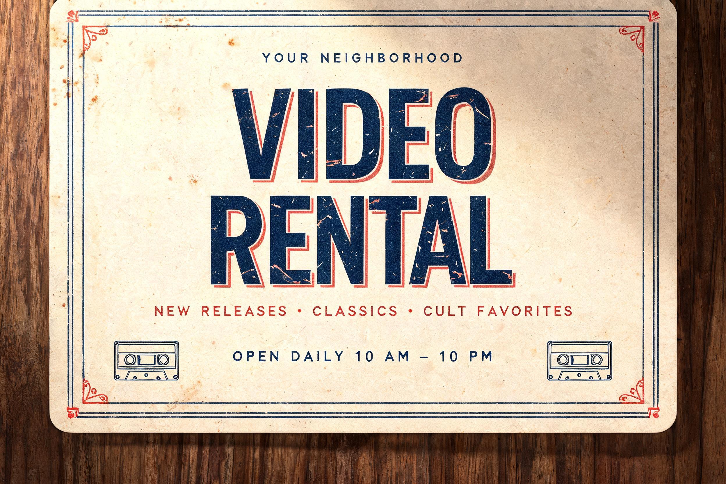 "VIDEO
RENTAL
YOUR NEIGHBORHOOD
NEW RELEASES • CLASSICS • CULT FAVORITES
OPEN DAILY 10 AM – 10 PM" — Vintage | AI Text Effect Generator