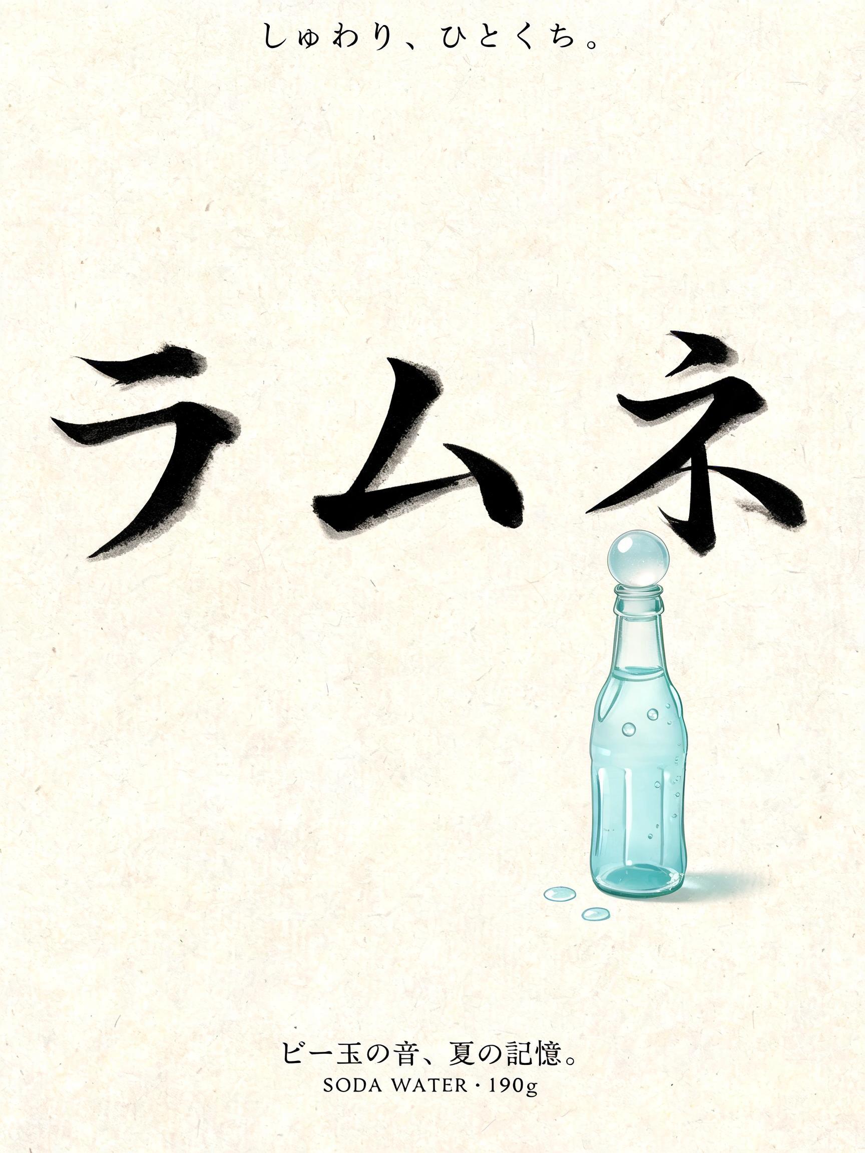 "ラムネ
しゅわり、ひとくち。
ビー玉の音、夏の記憶。
SODA WATER · 190g" — Brush Japanese Ink | AI Text Effect Generator