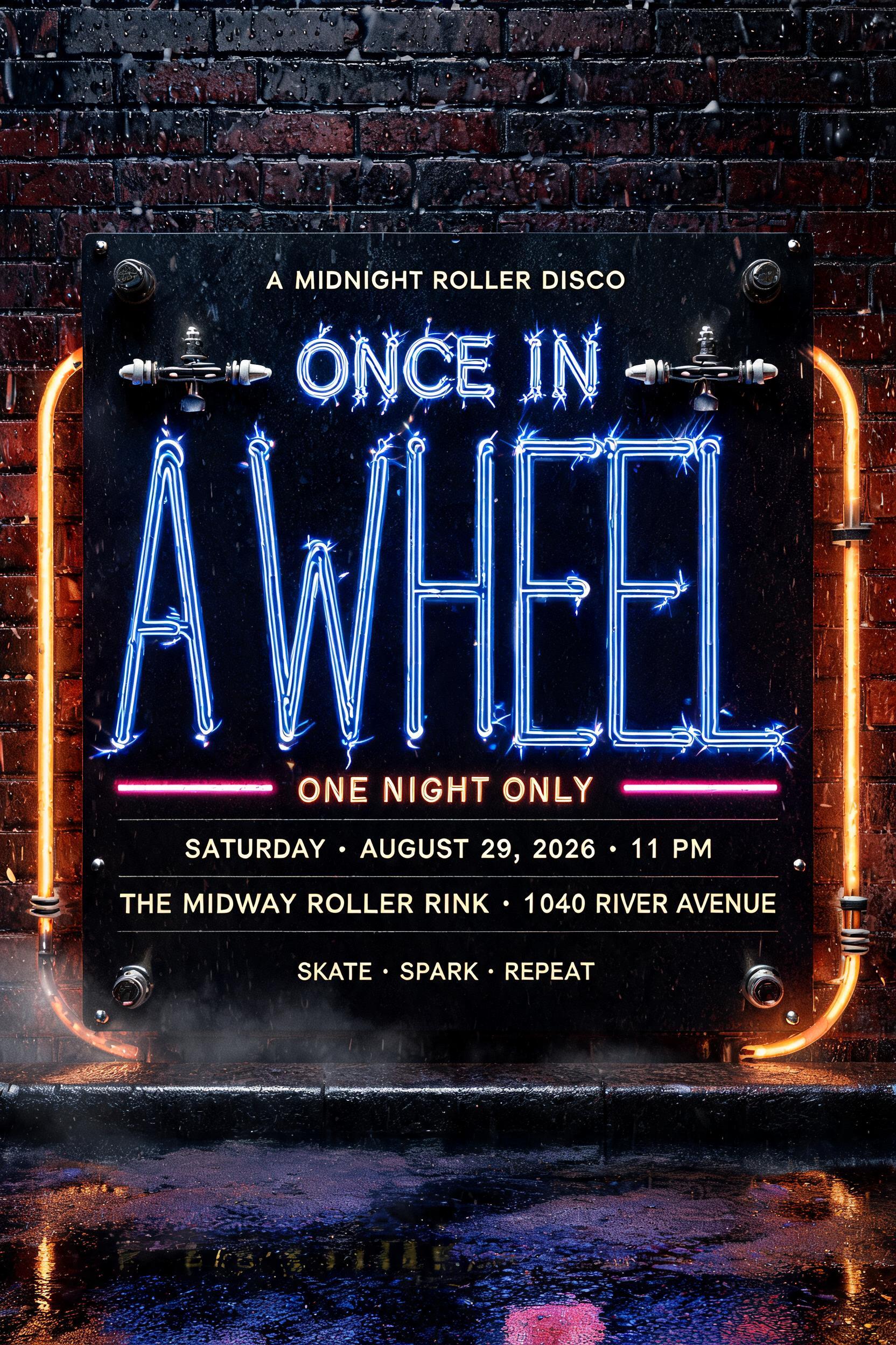 "A MIDNIGHT ROLLER DISCO
ONCE IN
A WHEEL
ONE NIGHT ONLY
SATURDAY · AUGUST 29, 2026 · 11 PM
THE MIDWAY ROLLER RINK · 1040 RIVER AVENUE
SKATE · SPARK · REPEAT" — Neon Sign text effect