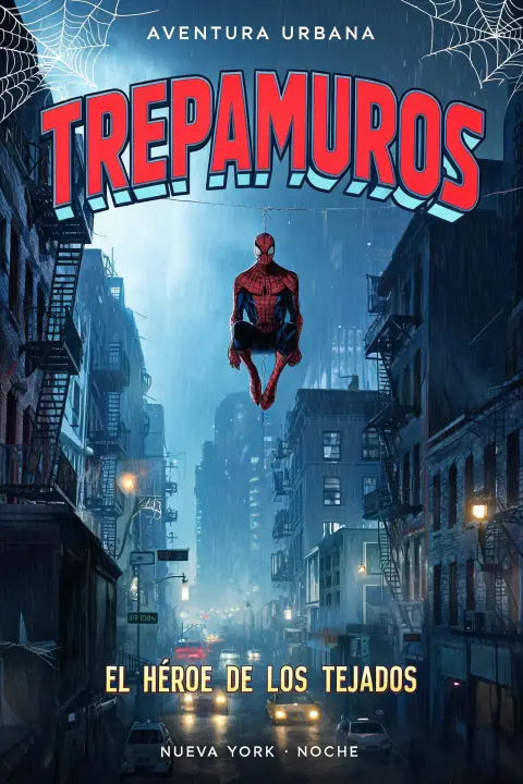 "Trepamuros
AVENTURA URBANA
EL HÉROE DE LOS TEJADOS
NUEVA YORK · NOCHE" — Spider Hero text effect