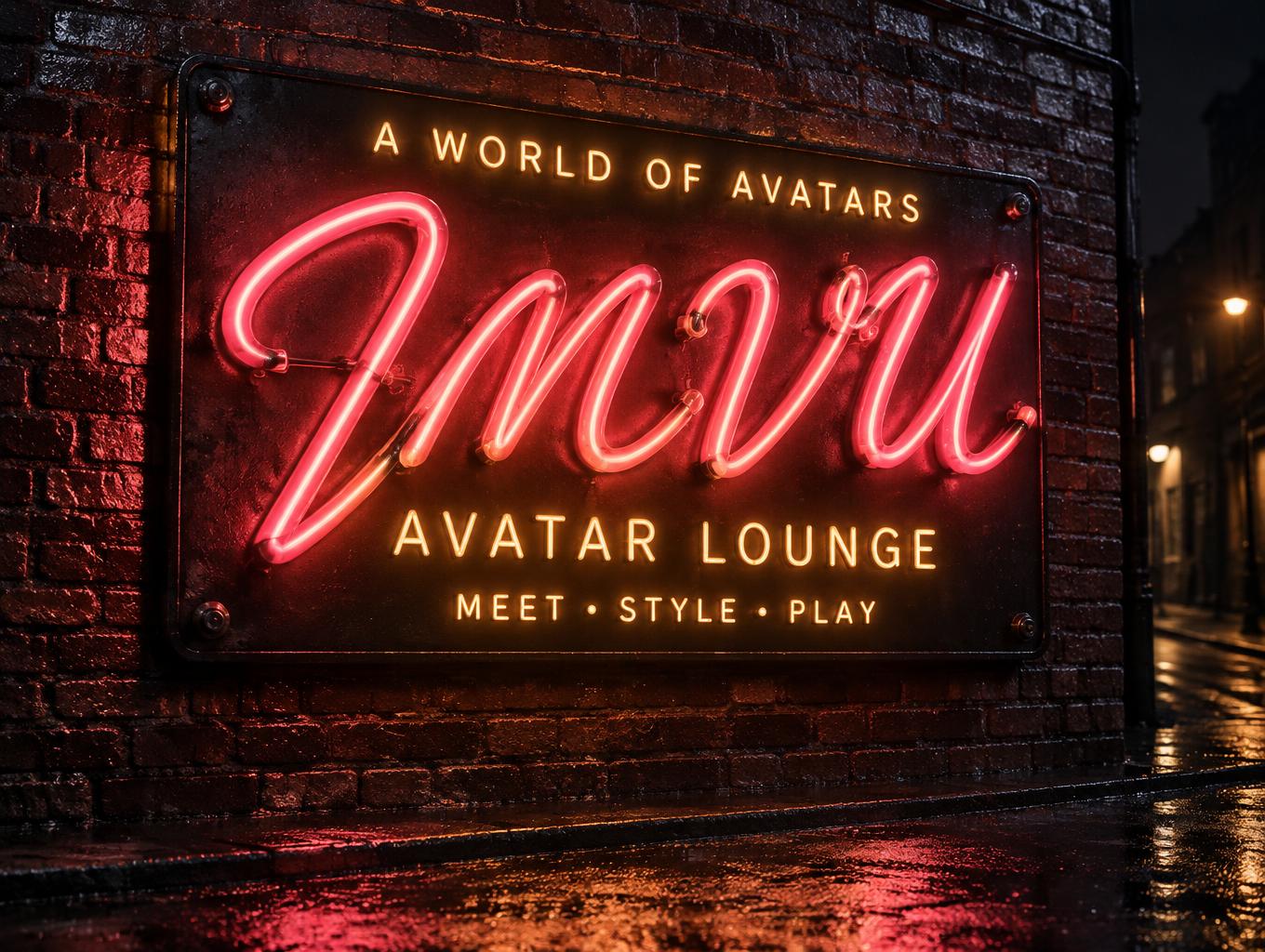 "IMVU
A WORLD OF AVATARS
AVATAR LOUNGE
MEET • STYLE • PLAY" — Neon Sign | AI Text Effect Generator