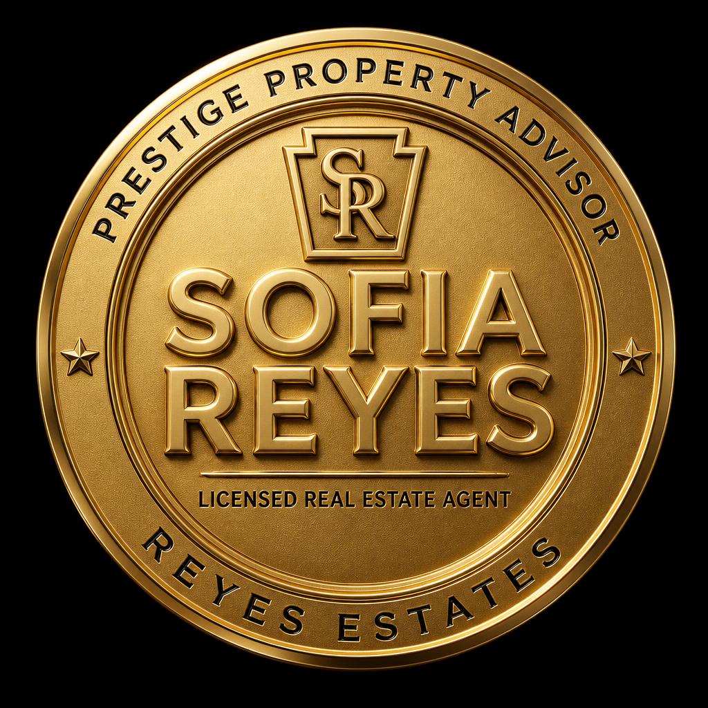 "SOFIA
REYES
PRESTIGE PROPERTY ADVISOR
REYES ESTATES
LICENSED REAL ESTATE AGENT" — 3d bold gold text effect
