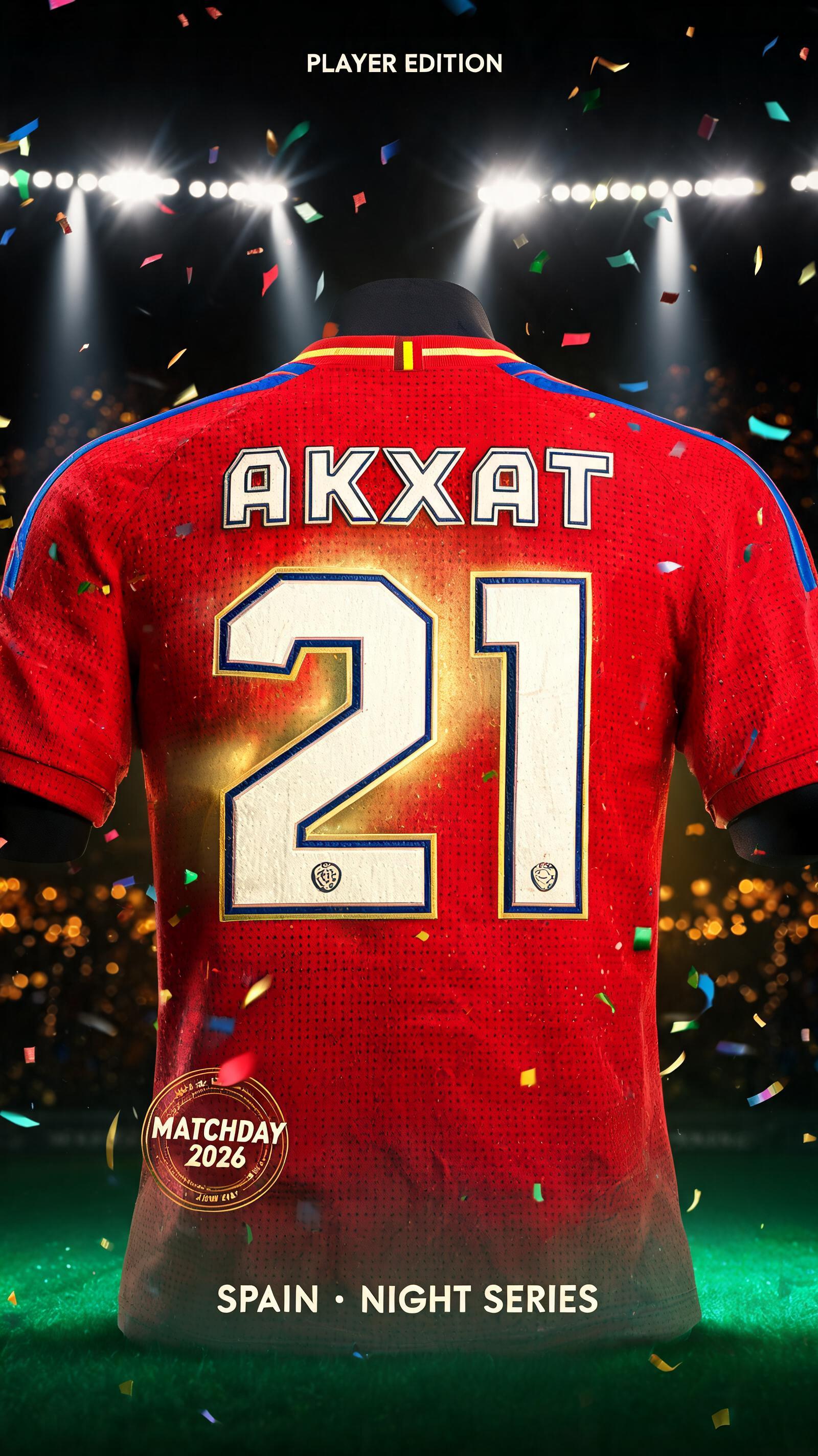 "AKXAT
21
PLAYER EDITION
SPAIN • NIGHT SERIES
MATCHDAY 2026" — Sports Football | AI Text Effect Generator