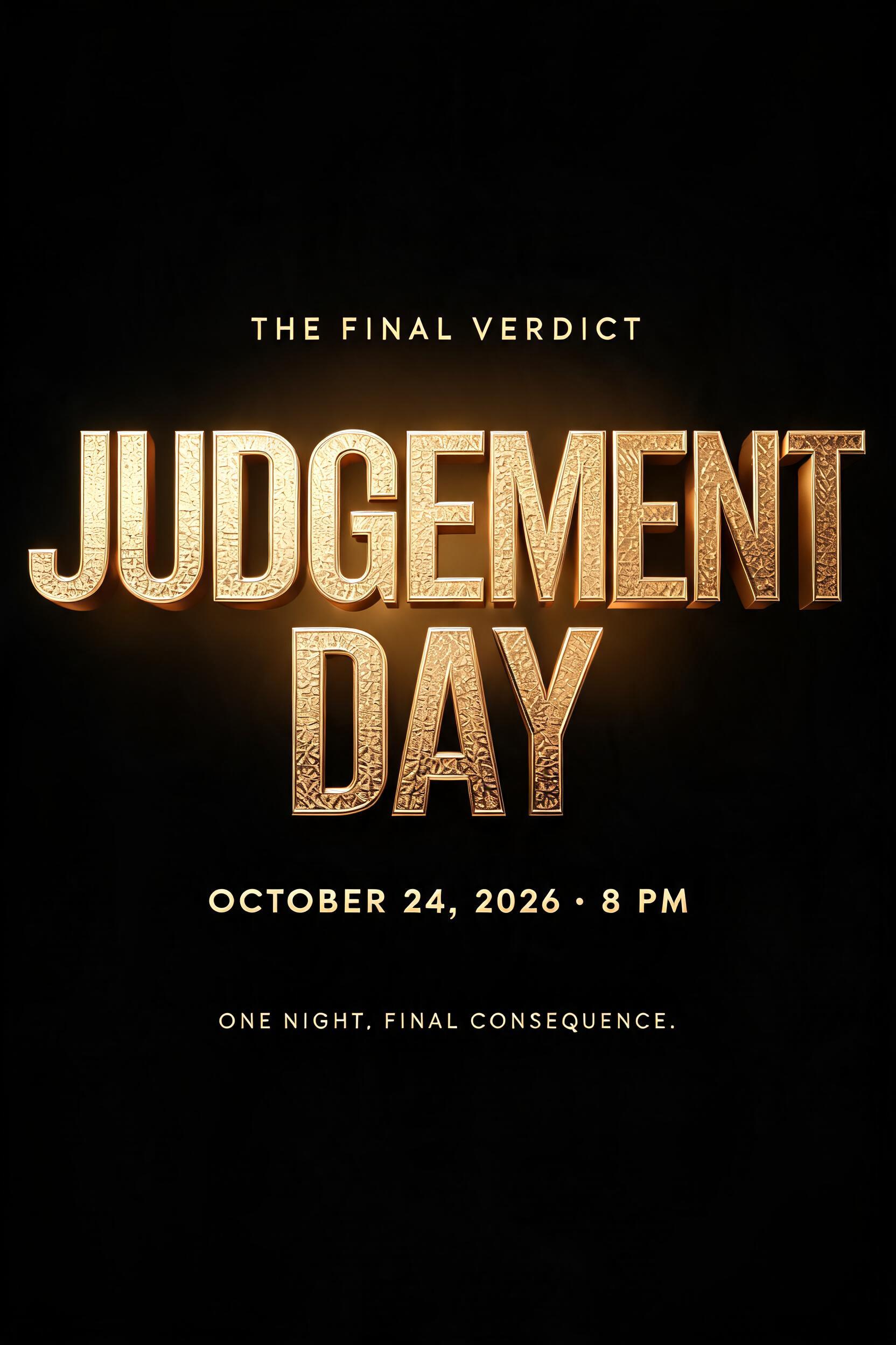 "JUDGEMENT
DAY
THE FINAL VERDICT
OCTOBER 24, 2026 · 8 PM
ONE NIGHT. FINAL CONSEQUENCE." — 3d Bold Gold | AI Text Effect Generator