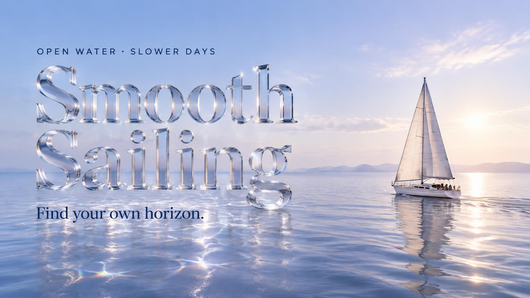 "Smooth Sailing
OPEN WATER · SLOWER DAYS
Find your own horizon." — Glass | AI Text Effect Generator