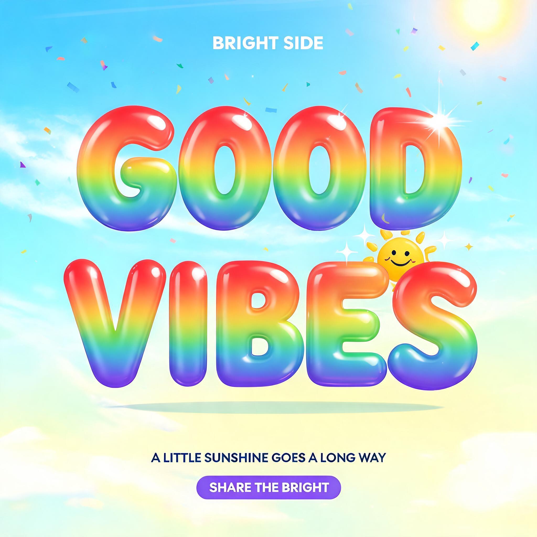 "GOOD
VIBES
BRIGHT SIDE
A LITTLE SUNSHINE GOES A LONG WAY
SHARE THE BRIGHT" — Rainbow | AI Text Effect Generator