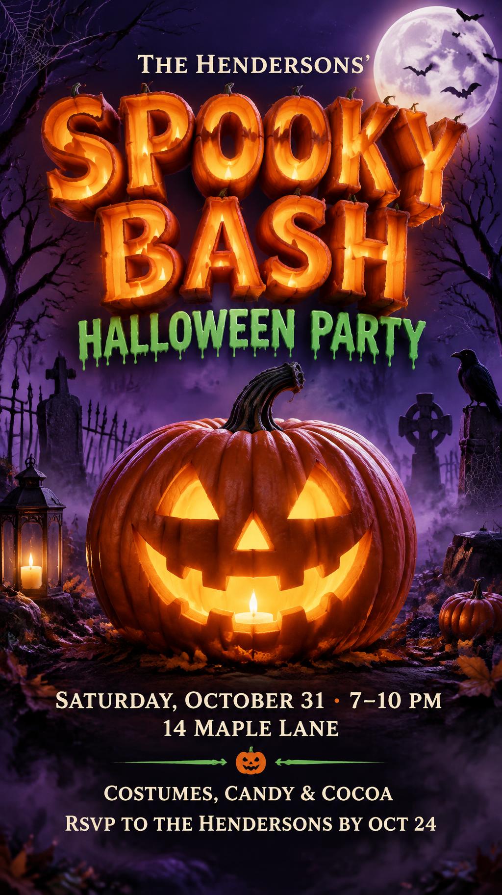"SPOOKY BASH
THE HENDERSONS’
HALLOWEEN PARTY
SATURDAY, OCTOBER 31 · 7–10 PM
14 MAPLE LANE
COSTUMES, CANDY & COCOA
RSVP TO THE HENDERSONS BY OCT 24" — Halloween text effect
