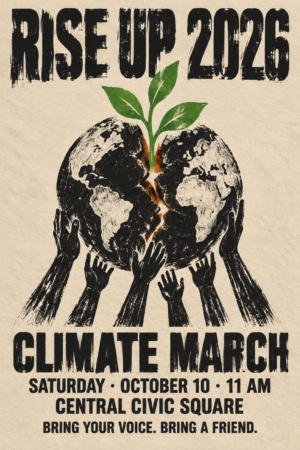 RISE UP 2026
CLIMATE MARCH
SATURDAY · OCTOBER 10 · 11 AM
CENTRAL CIVIC SQUARE
BRING YOUR VOICE. BRING A FRIEND.