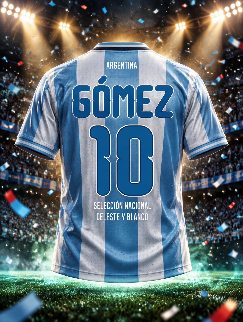 "GÓMEZ 10
ARGENTINA
SELECCIÓN NACIONAL
CELESTE Y BLANCO" — Sports Football | AI Text Effect Generator
