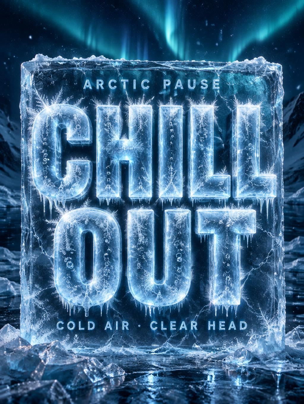 "CHILL OUT
ARCTIC PAUSE
COLD AIR · CLEAR HEAD" — Glass Frozen | AI Text Effect Generator