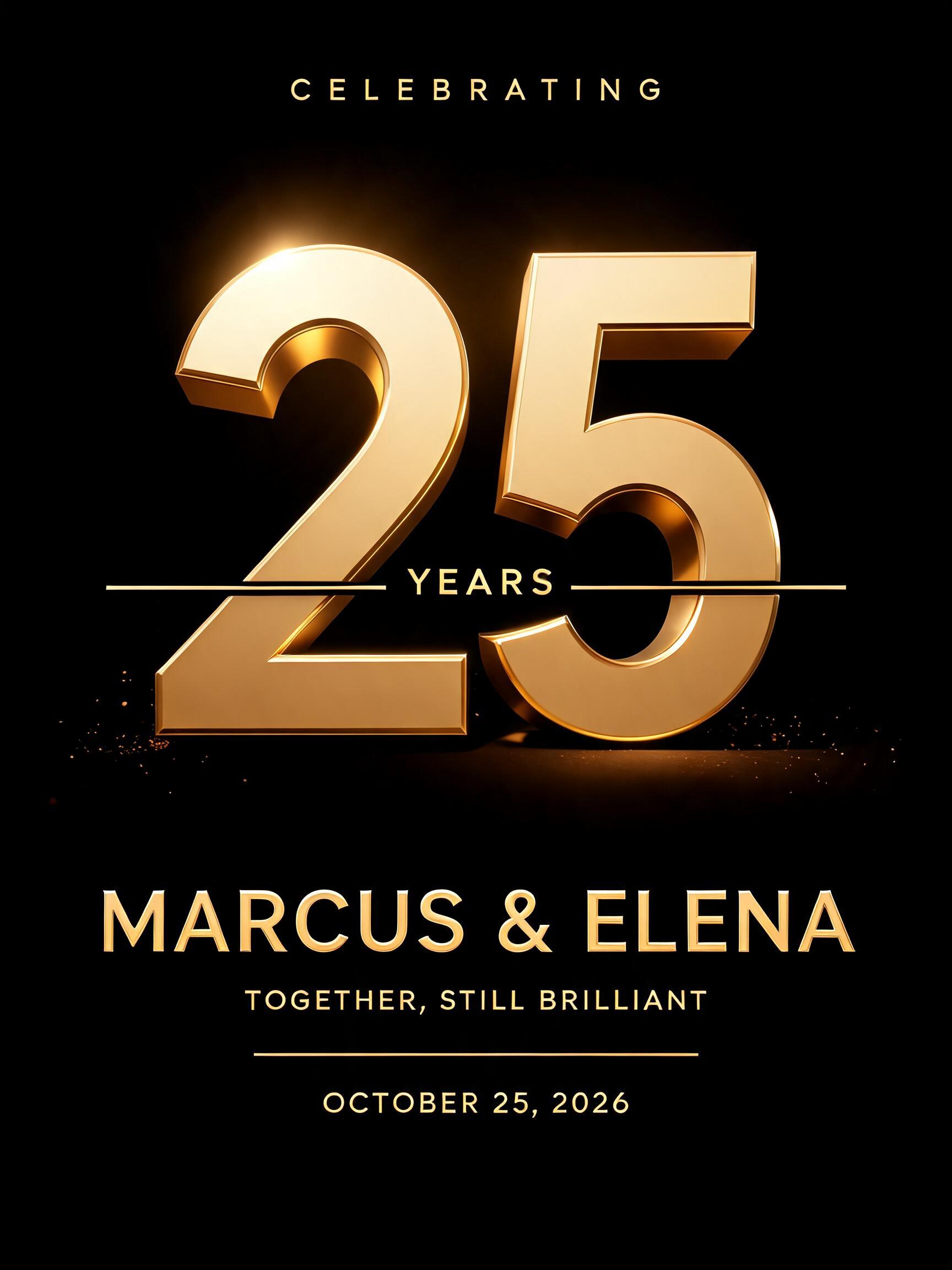 "CELEBRATING
25
YEARS
MARCUS & ELENA
TOGETHER, STILL BRILLIANT
OCTOBER 25, 2026" — 3d Bold Gold text effect