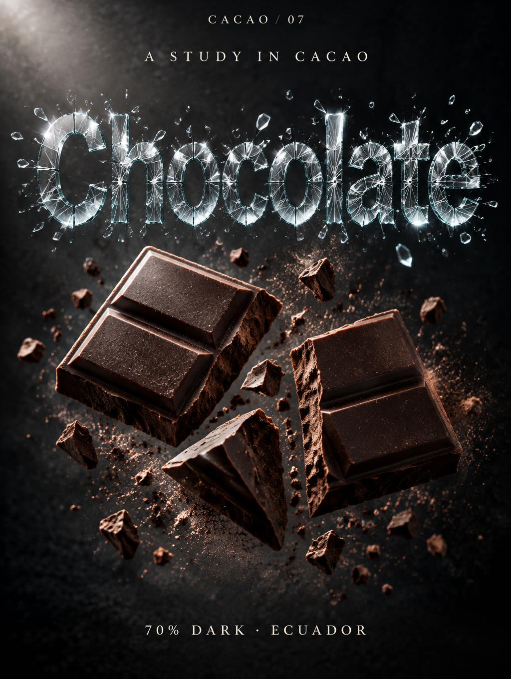 "Chocolate
A STUDY IN CACAO
70% DARK · ECUADOR
CACAO / 07" — Glass Broken text effect