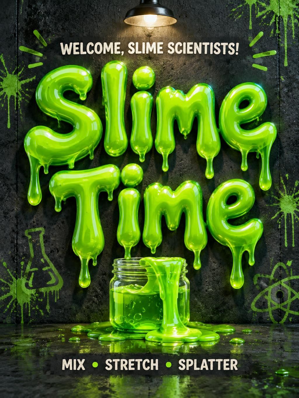 "Slime Time
WELCOME, SLIME SCIENTISTS!
MIX • STRETCH • SPLATTER" — Drip Font | AI Text Effect Generator