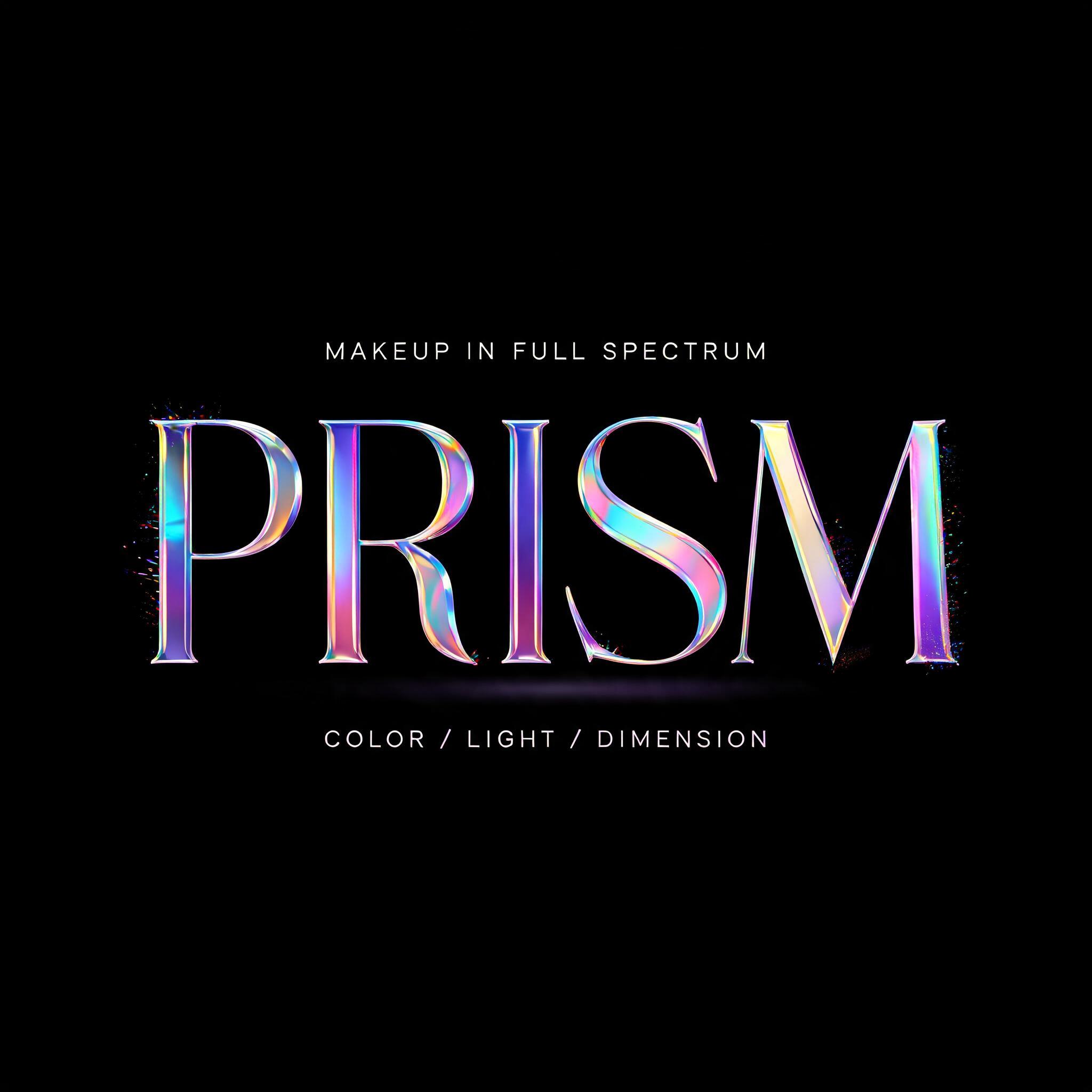 "PRISM
MAKEUP IN FULL SPECTRUM
COLOR / LIGHT / DIMENSION" — Holographic | AI Text Effect Generator