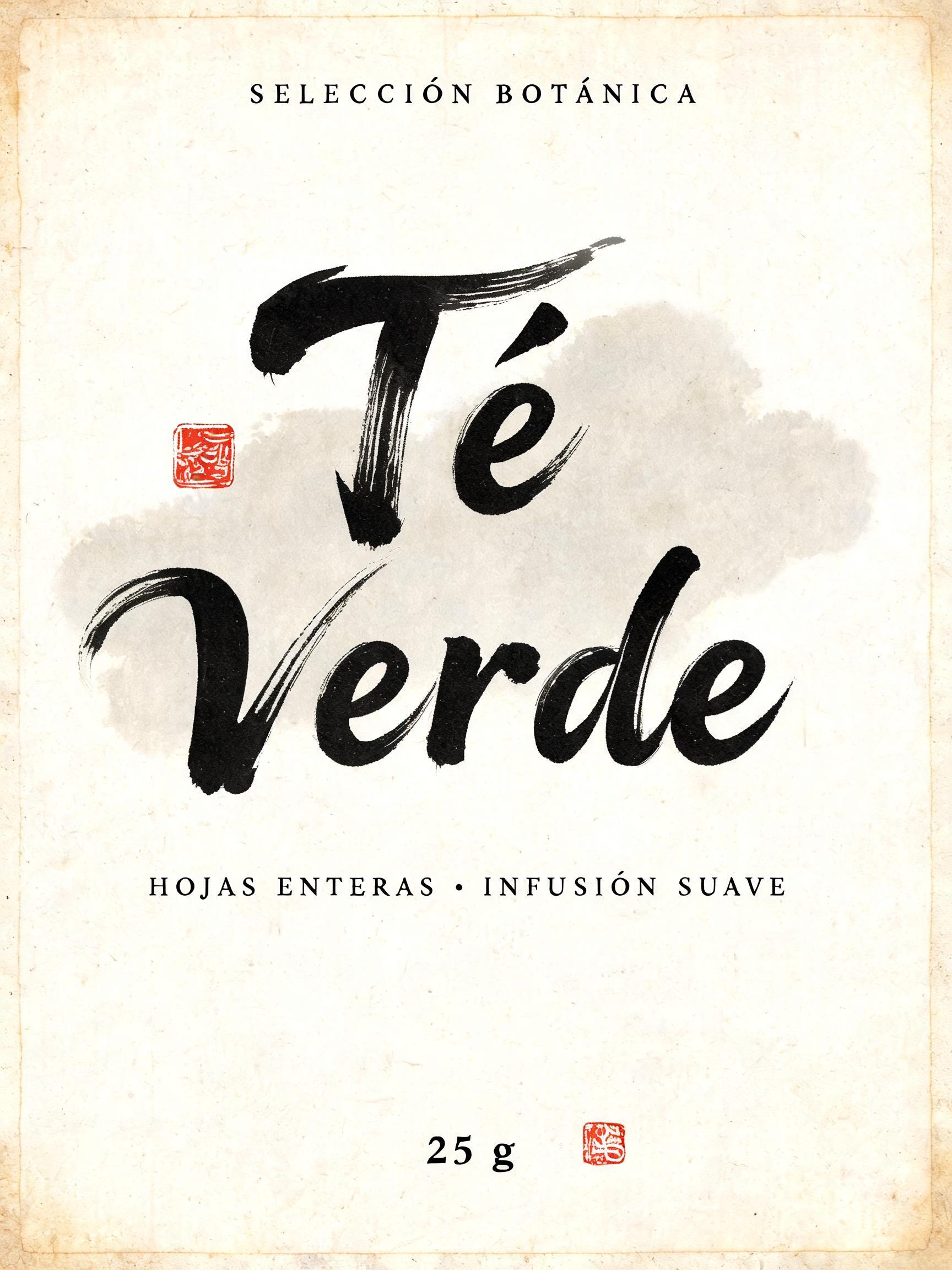 "Té
Verde
SELECCIÓN BOTÁNICA
HOJAS ENTERAS · INFUSIÓN SUAVE
25 g" — Brush Chinese Ink | AI Text Effect Generator