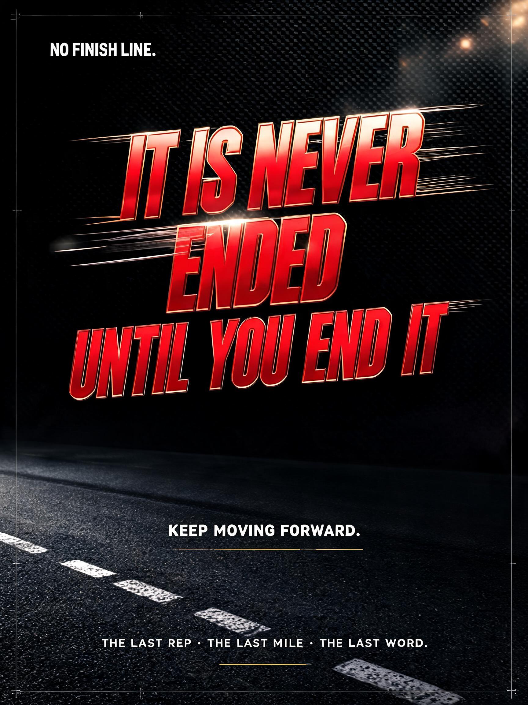 "IT IS NEVER ENDED
UNTIL YOU END IT
NO FINISH LINE.
KEEP MOVING FORWARD.
THE LAST REP · THE LAST MILE · THE LAST WORD." — Racing | AI Text Effect Generator