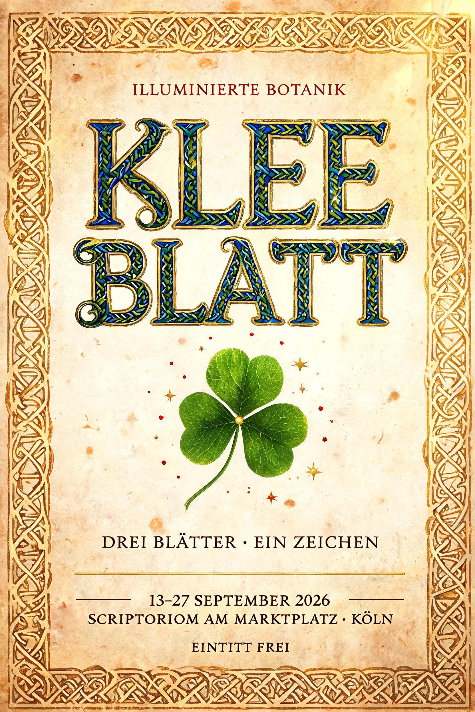 "KLEEBLATT
ILLUMINIERTE BOTANIK
DREI BLÄTTER · EIN ZEICHEN
13–27 SEPTEMBER 2026
SCRIPTORIUM AM MARKTPLATZ · KÖLN
EINTRITT FREI" — Medieval | AI Text Effect Generator