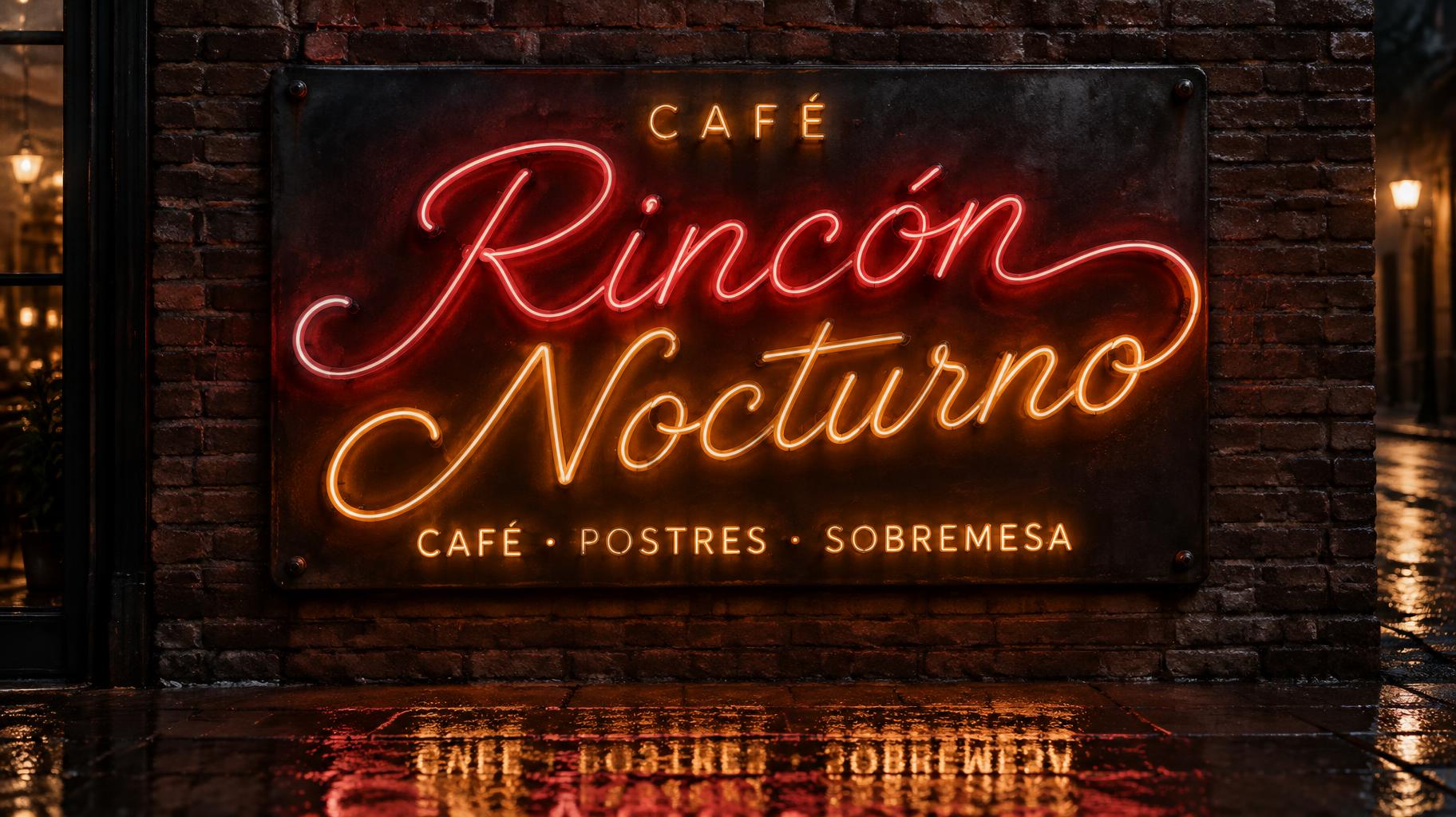 "Rincón Nocturno
CAFÉ
CAFÉ · POSTRES · SOBREMESA" — neon sign text effect