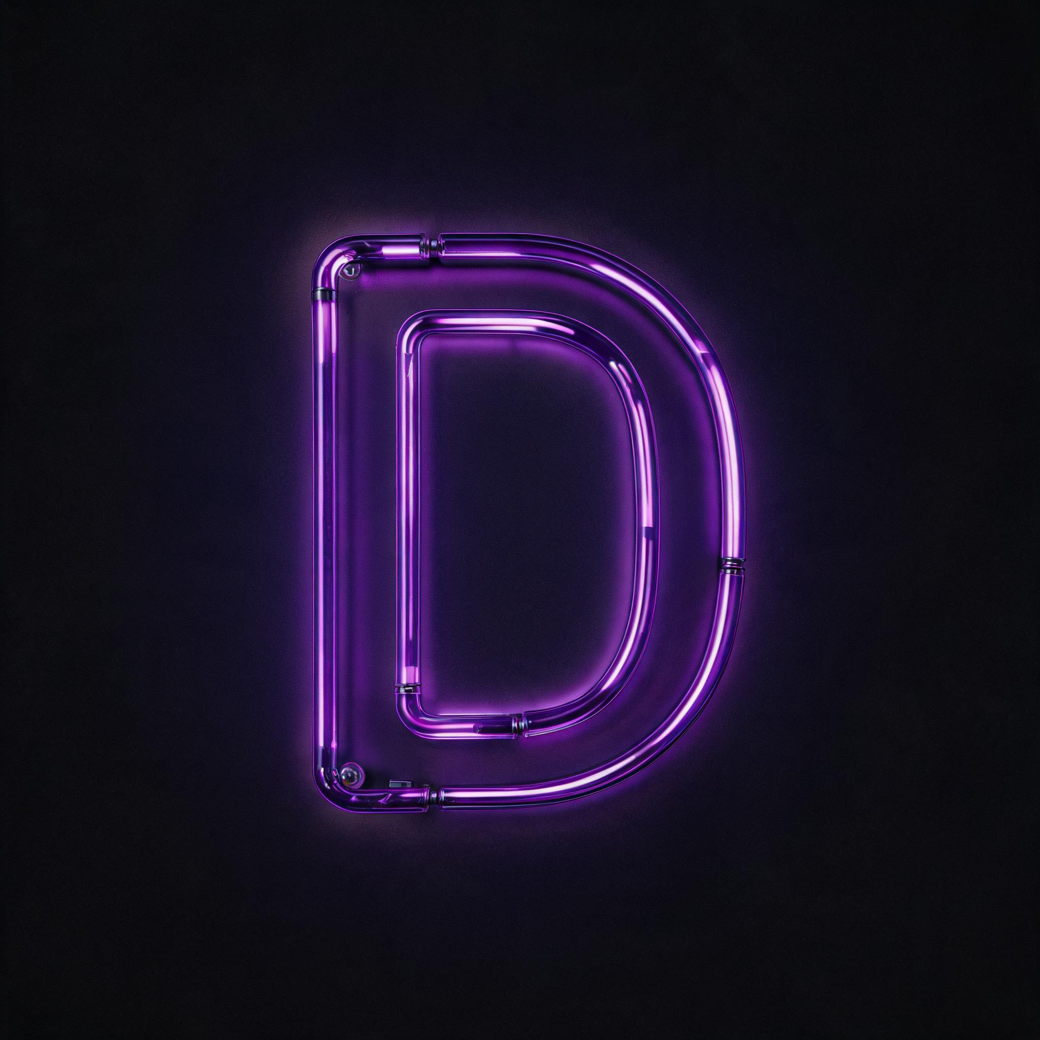 "Futuristic letter D with a sharp light streak texture, neon dark violet glowing edges, metallic deep purple finish, minimalist design, solid deep black background" — Neon Sign | AI Text Effect Generator
