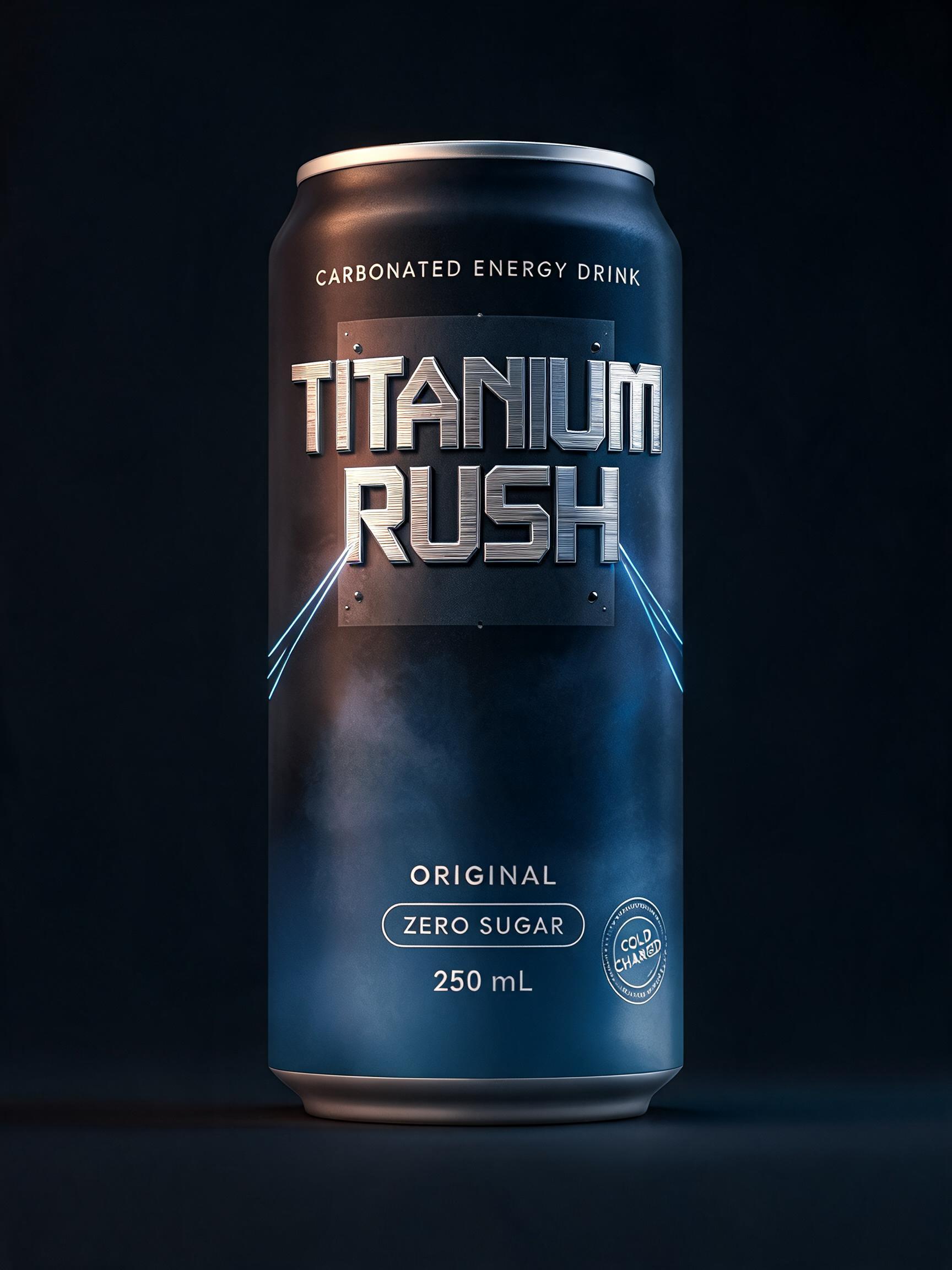 "TITANIUM
RUSH
CARBONATED ENERGY DRINK
ORIGINAL
ZERO SUGAR
250 mL
COLD CHARGED" — Metallic | AI Text Effect Generator
