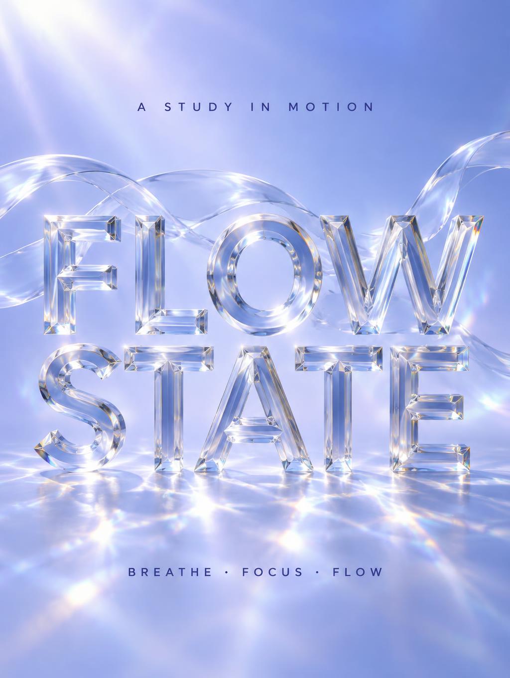 "FLOW STATE
A STUDY IN MOTION
BREATHE · FOCUS · FLOW" — Glass | AI Text Effect Generator