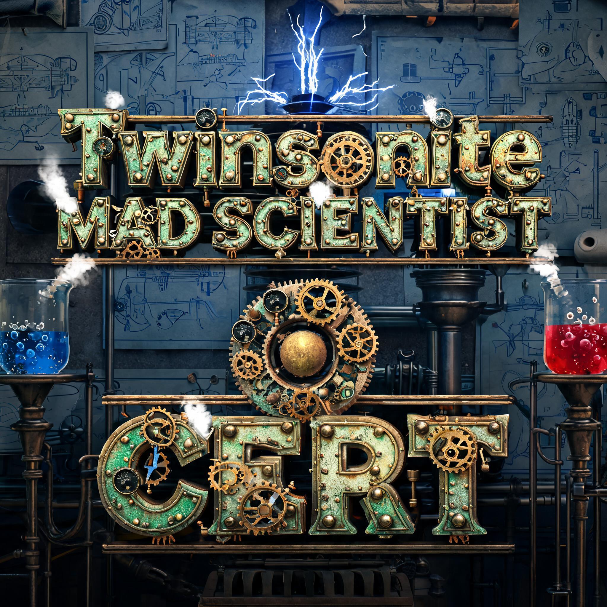 "TwinsoniteMAD SCIENTIST · CERT" — Steampunk text effect