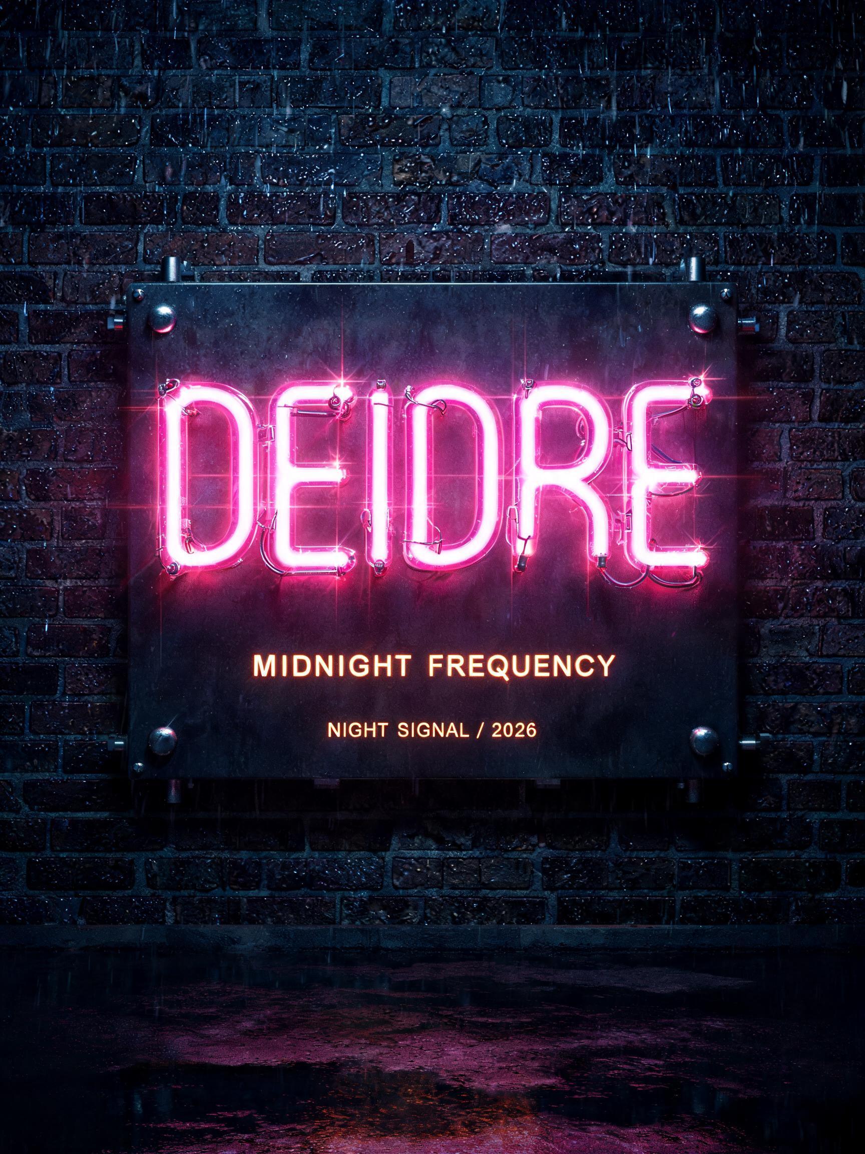 "DEIDRE
MIDNIGHT FREQUENCY
NIGHT SIGNAL / 2026" — Neon Sign | AI Text Effect Generator