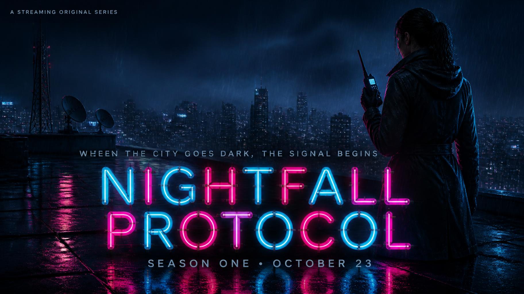 "NIGHTFALL
PROTOCOL
WHEN THE CITY GOES DARK, THE SIGNAL BEGINS
A STREAMING ORIGINAL SERIES
SEASON ONE • OCTOBER 23" — Neon Glow | AI Text Effect Generator