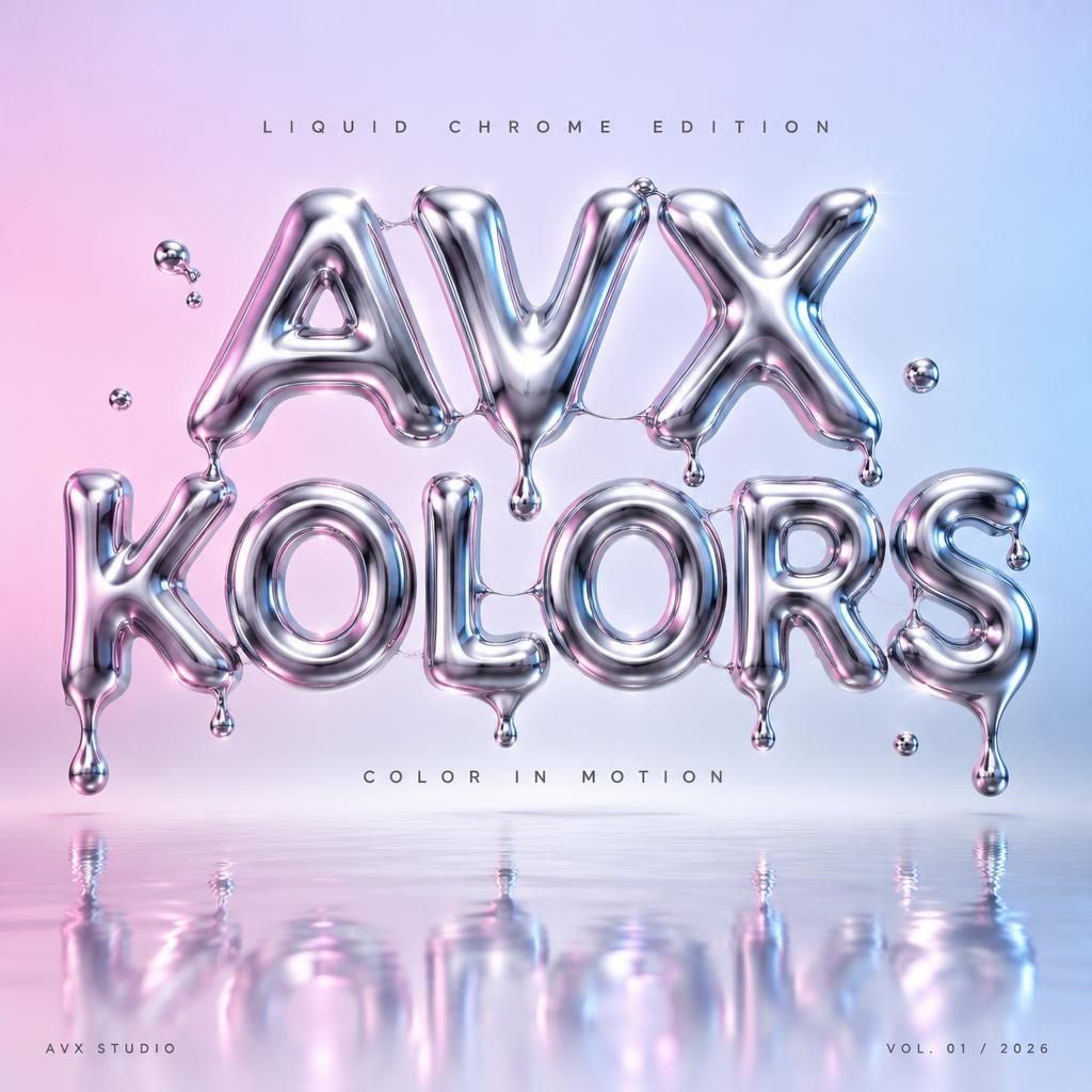"AVX KOLORS
LIQUID CHROME EDITION
COLOR IN MOTION
AVX STUDIO
VOL. 01 / 2026" — Y2k Liquid | AI Text Effect Generator