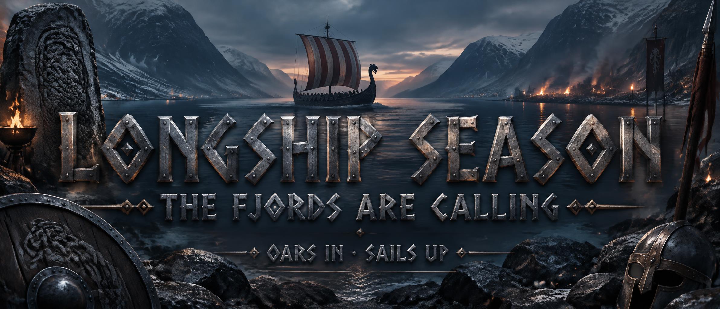 "Longship Season
THE FJORDS ARE CALLING
OARS IN · SAILS UP" — Viking | AI Text Effect Generator