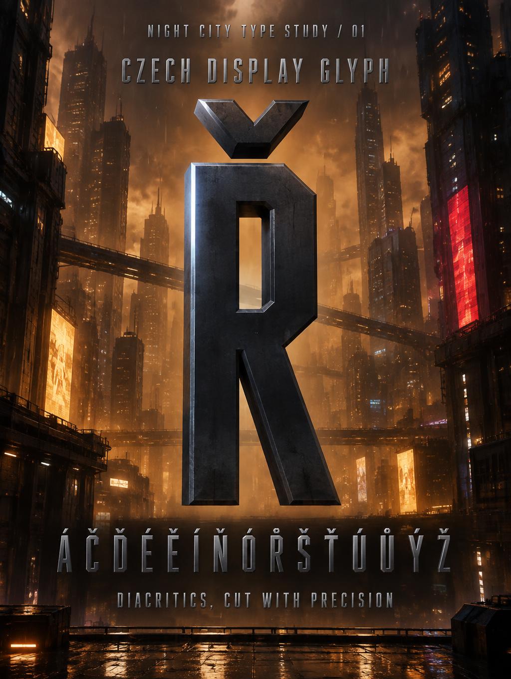 "Ř
CZECH DISPLAY GLYPH
Á Č Ď É Ě Í Ň Ó Ř Š Ť Ú Ů Ý Ž
DIACRITICS, CUT WITH PRECISION
NIGHT CITY TYPE STUDY / 01" — Cyberpunk 2077 | AI Text Effect Generator