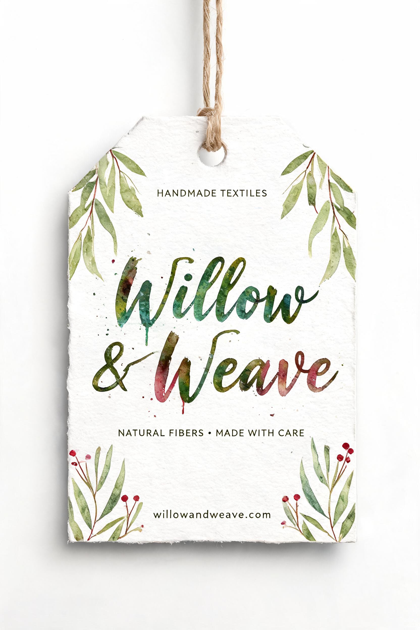 "I'd like a hand-painted apparel hang tag for Willow & Weave featuring soft foliage" — Watercolor | AI Text Effect Generator